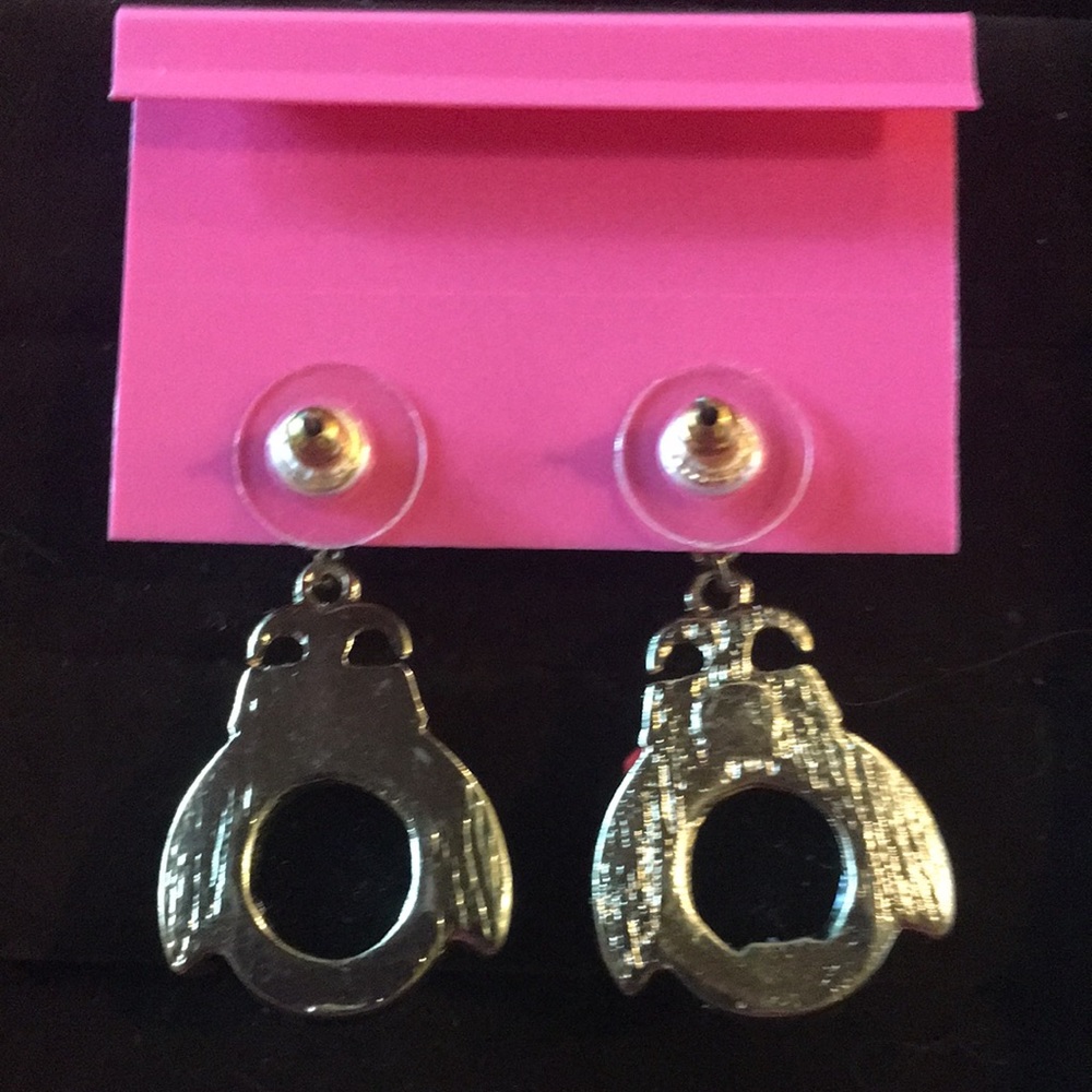 Betsey Johnson red & black enamel ladybug, red rhinestone eyes dangle earrings - Picture 7 of 9